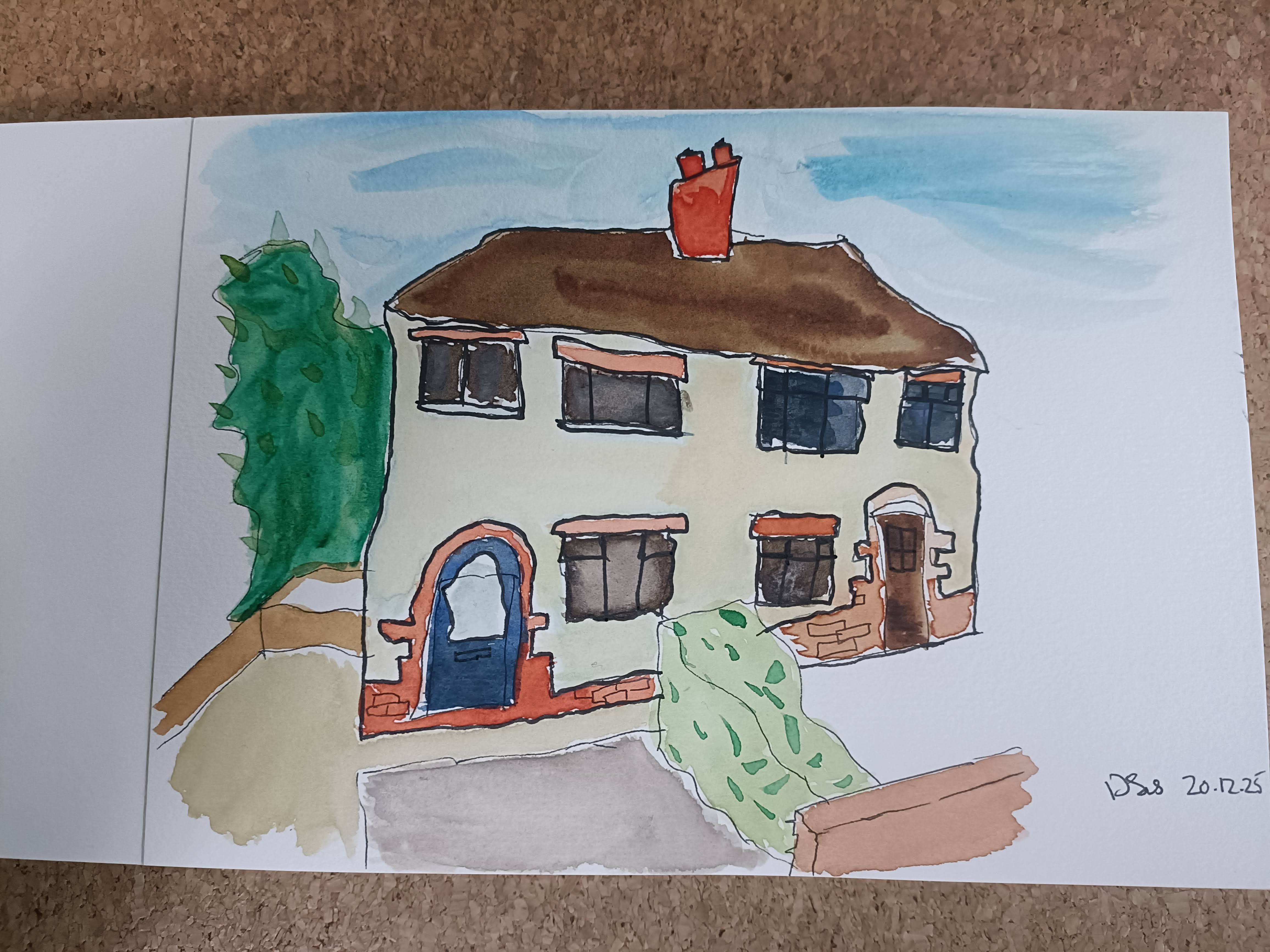 A watercolor painting of a two-story house with a brown roof, blue front door, and brick accents, surrounded by greenery and a clear blue sky.