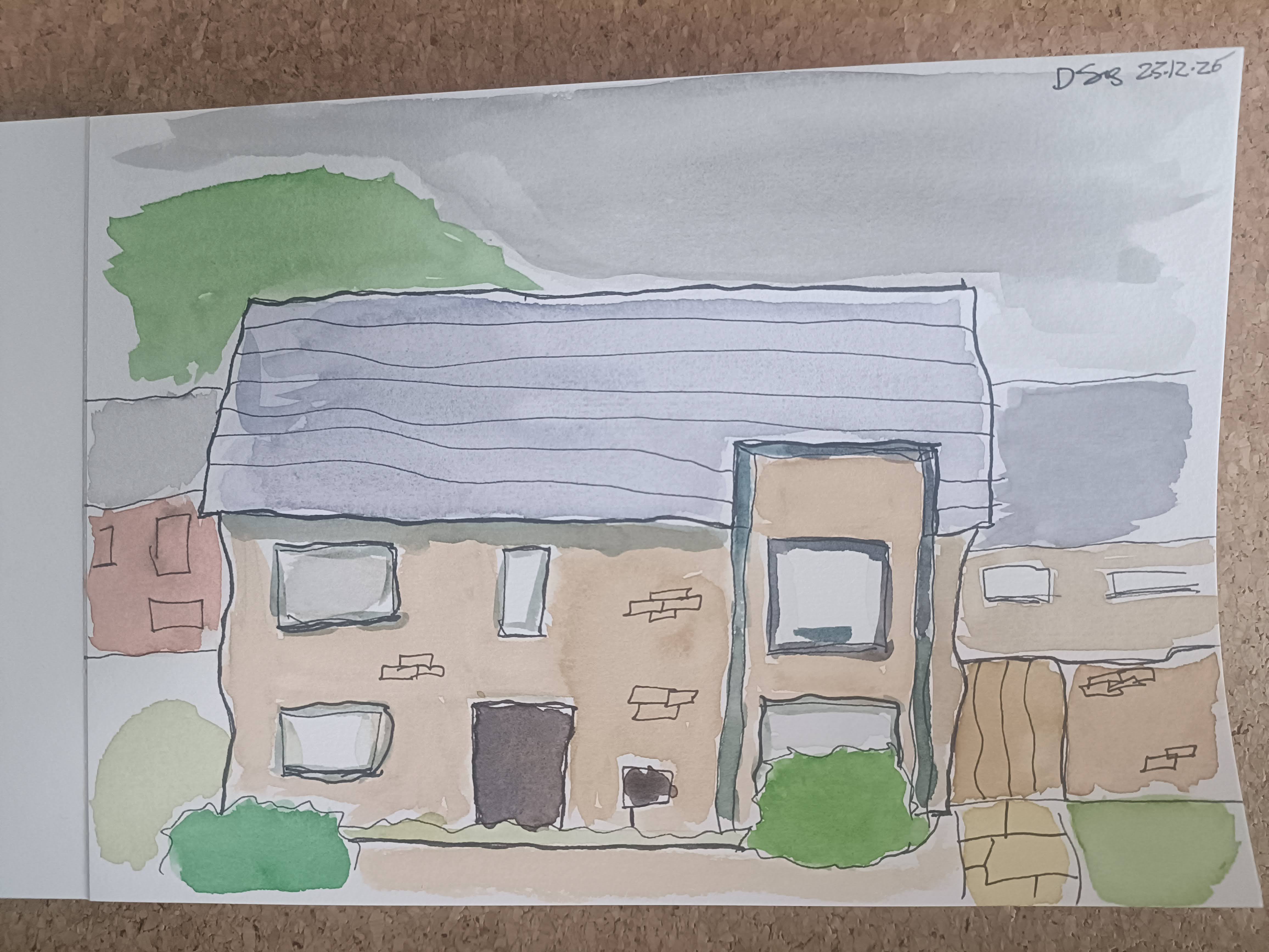 A watercolor sketch of a simple house with a grey roof, brown walls, and windows, surrounded by green bushes and a light grey sky.