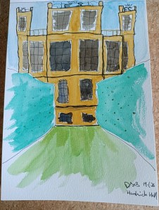 A watercolour painting of Hardwick Hall's south face, flanked by green landscaping and a blue sky.