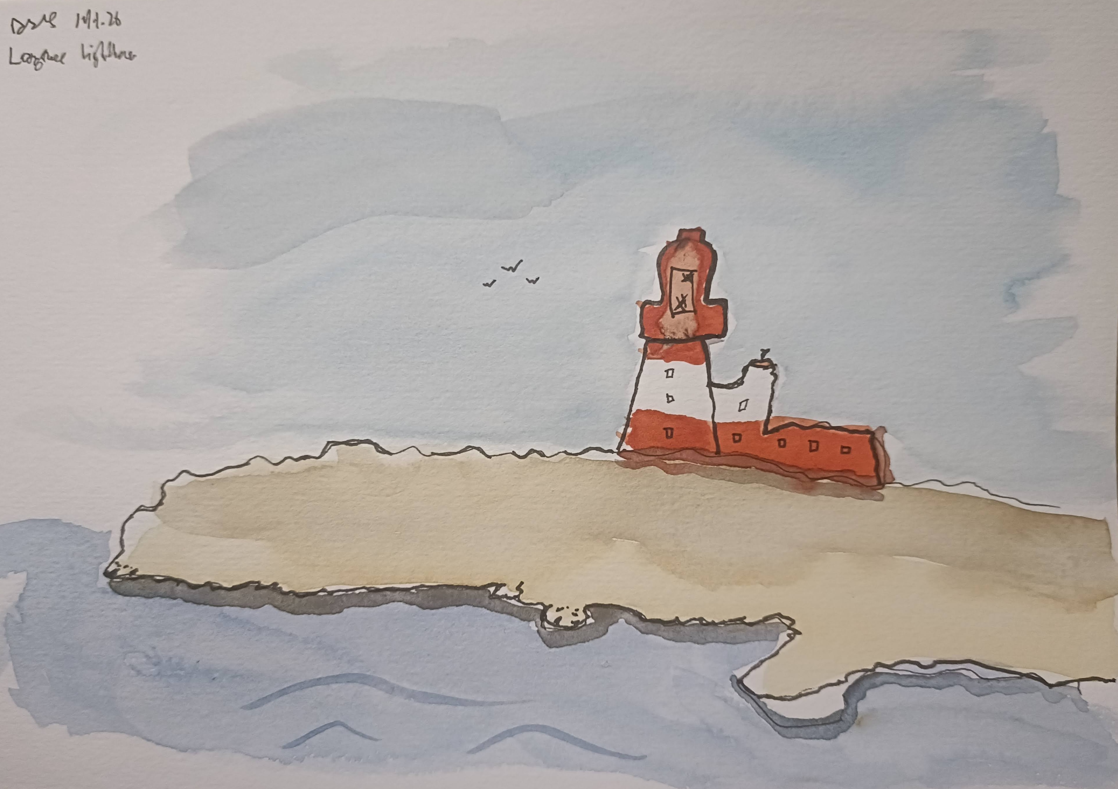 A watercolour painting of a red and white lighthouse on a rocky coastline, with a calm sea and a light blue sky.