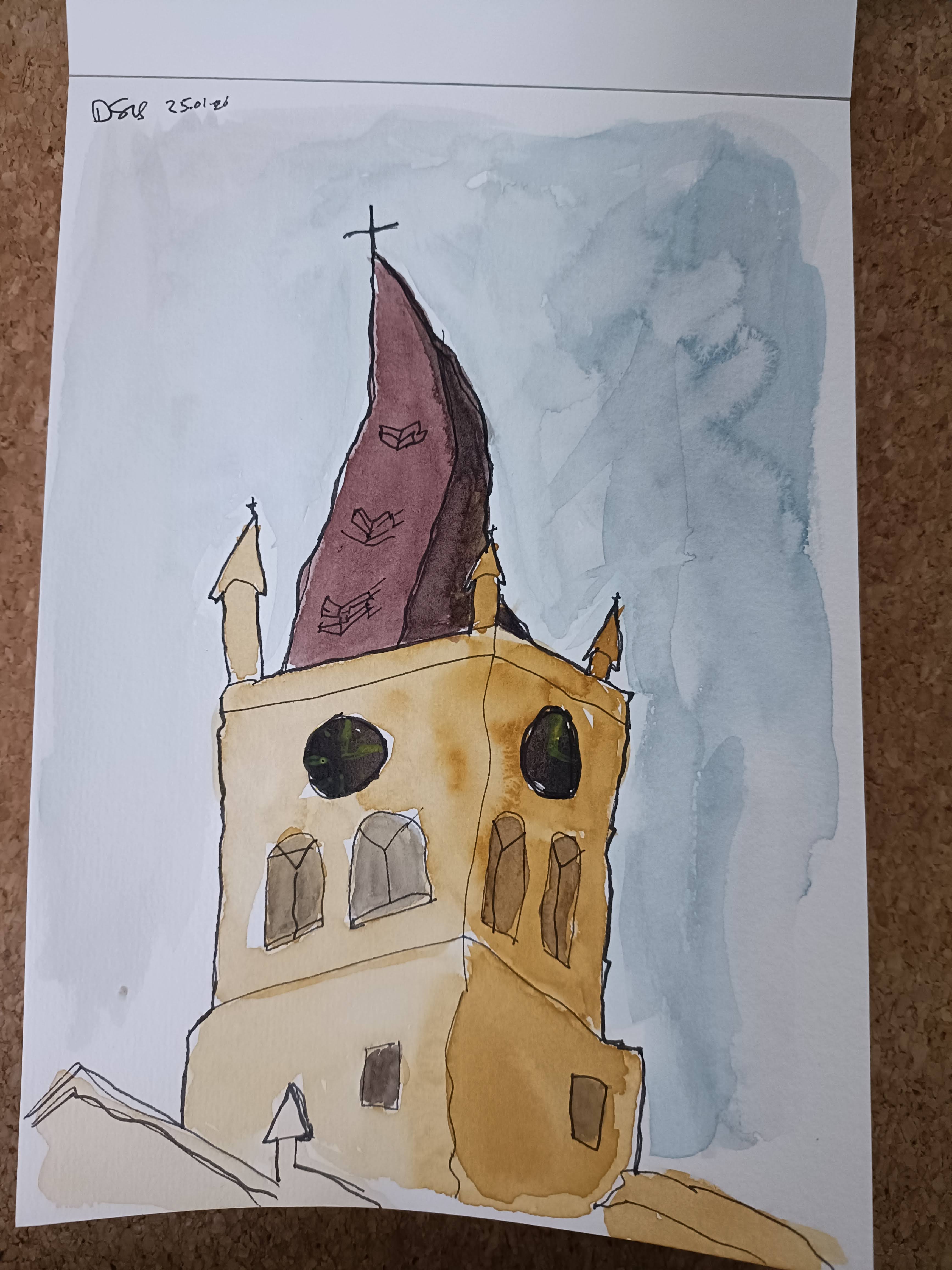 A watercolour illustration of the Crooked Spire church featuring its distinctive spire, set against a blue-grey sky