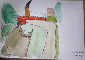 Watercolour sketch of a rural canal-side scene, with a path crossing the canal over a red brick bridge. In the background is an exaggerated church and a house.