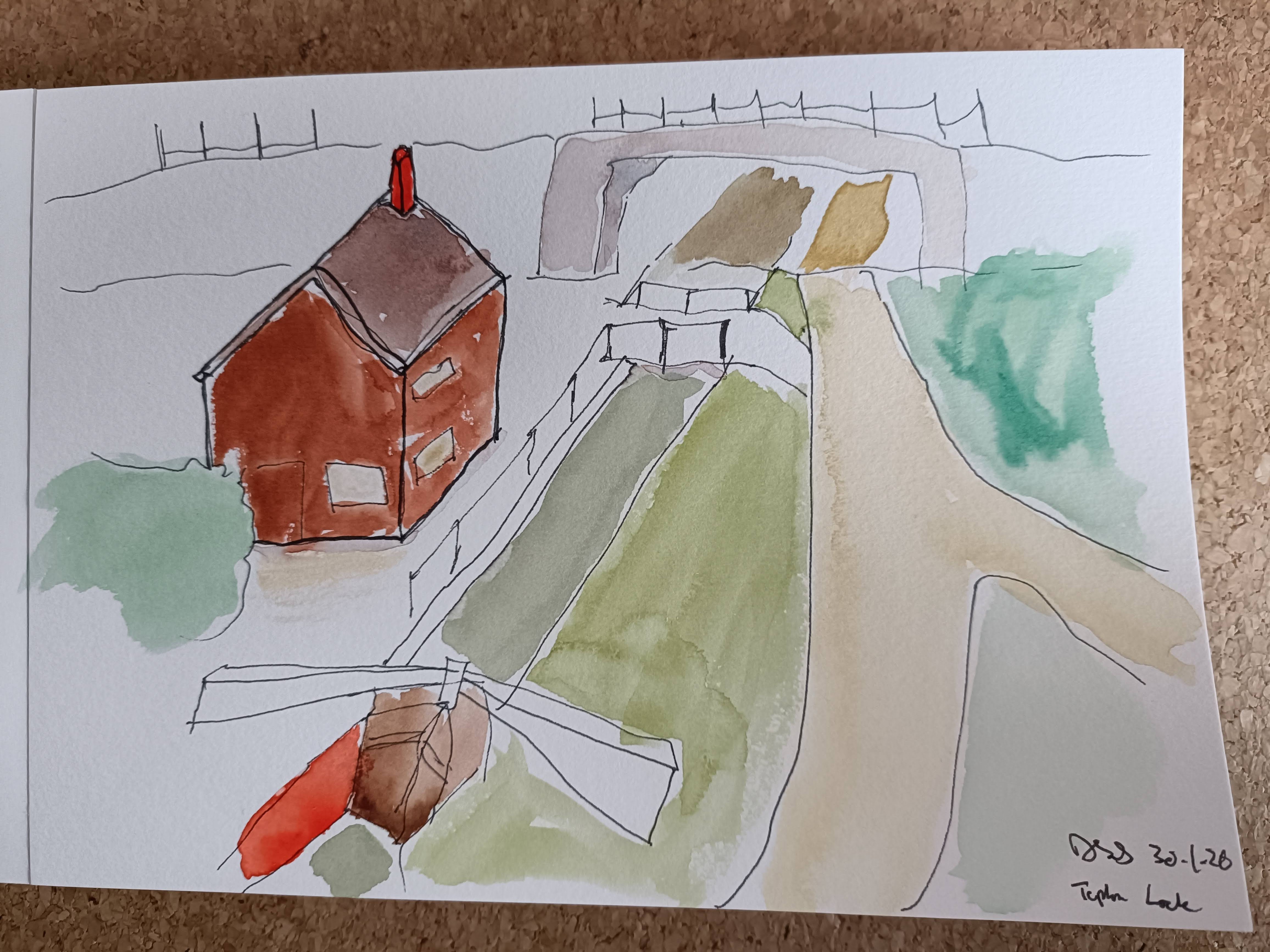 Watercolour painting of a canal lock also including the visitors centre, a winding path, and greenery. In the background the path and canal go under an urban, concrete bridge.